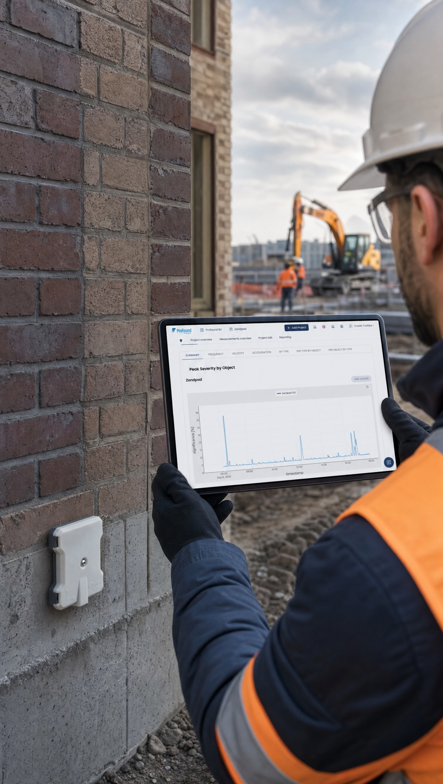 Reviewing VIBRA 5+ measurements on a tablet at the project site